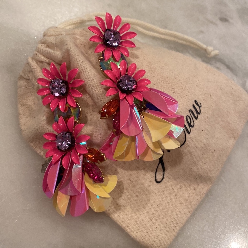 J Crew Fuschia Jeweled & Sequins Flower Earrings